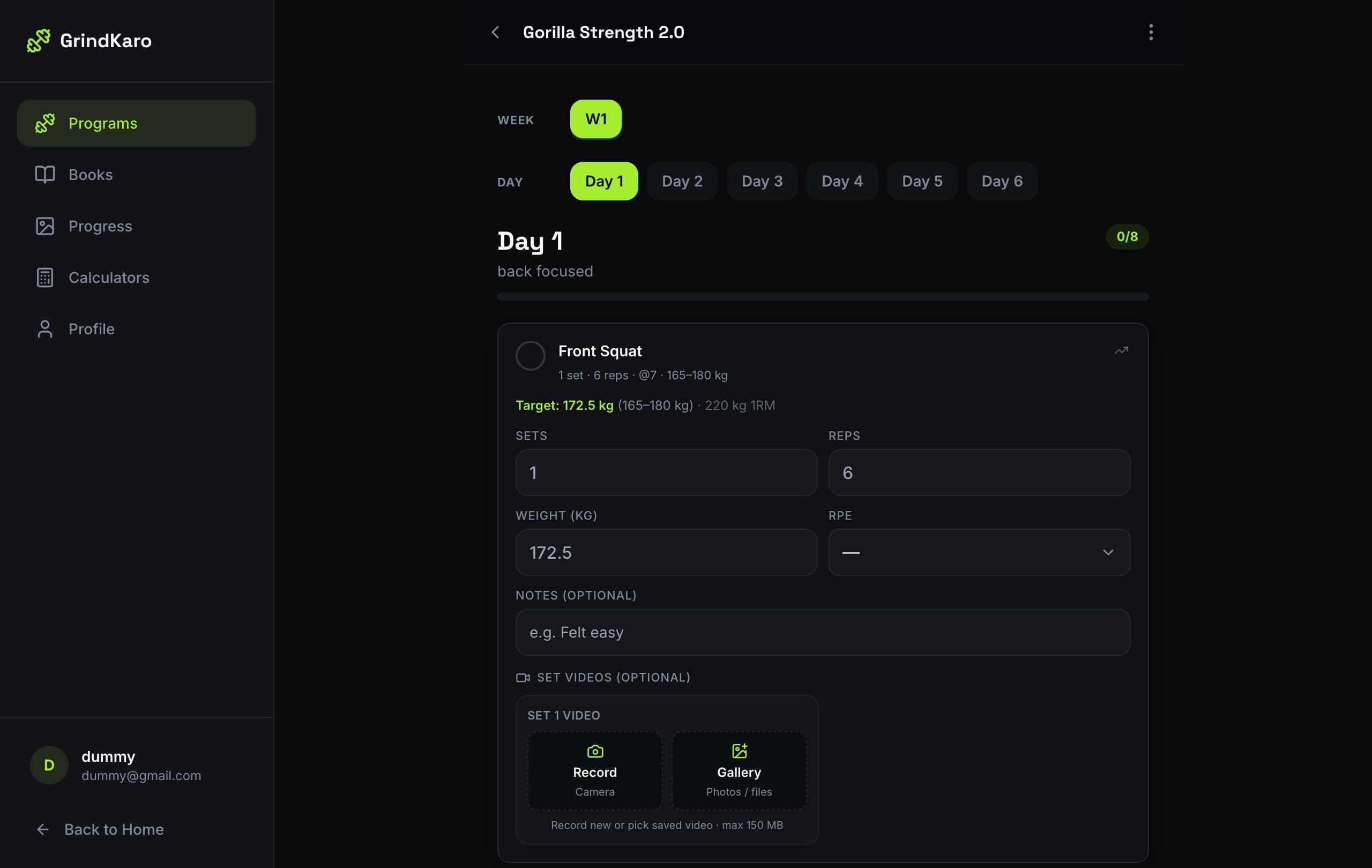 Grind Karo app — Gorilla Strength 2.0 workout with sets, reps, weight, and RPE logging